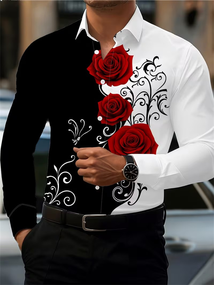 Mens Fashion Casual Outfits - Men's Red Rose Print Long-Sleeve Shirt,