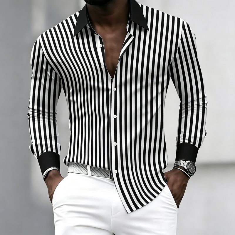 Mens Fashion Summer - Men's long-sleeved collared shirt with black