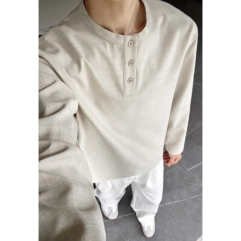 Mens Casual Faux Linen Henley  - Mens Fashion Summer ulasan dan harga