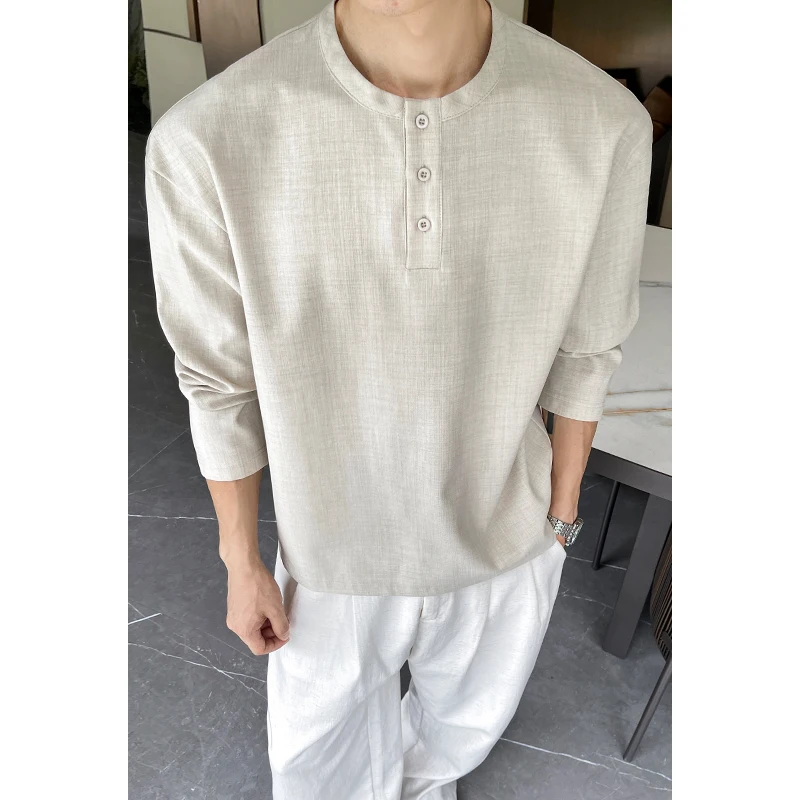 Mens Casual Faux Linen Henley  - Mens Fashion Summer ulasan dan harga