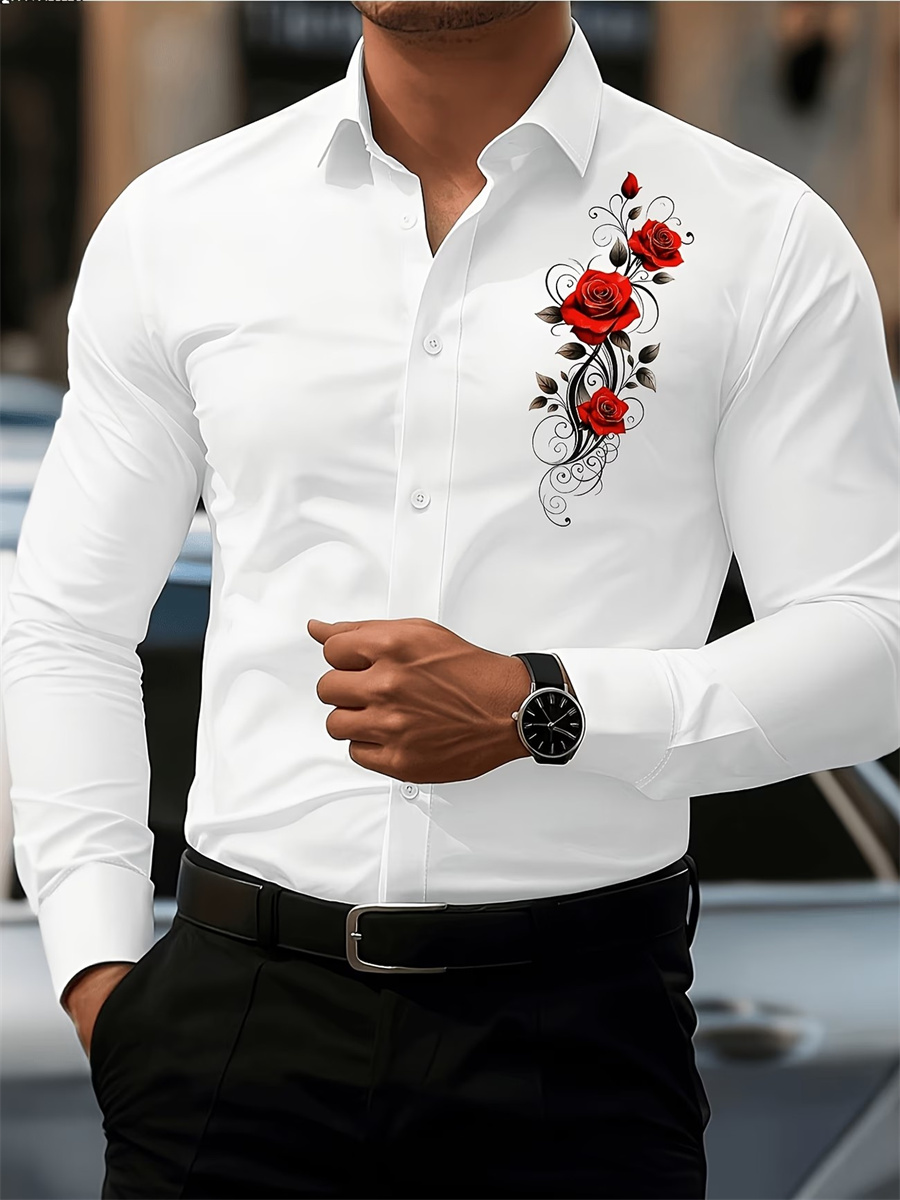 Men's Red Rose Print Long-Slee - Mens Fashion Casual Outfits ulasan dan harga