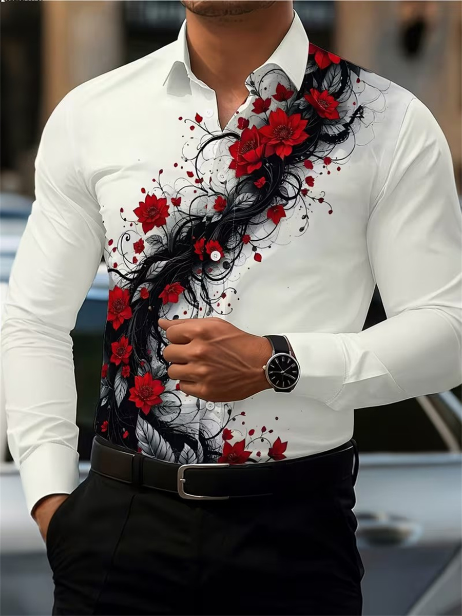 Men's Red Rose Print Long-Slee - Mens Fashion Casual Outfits ulasan dan harga